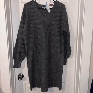 NWT dark grey sweater dress with V-neck and long sleeves